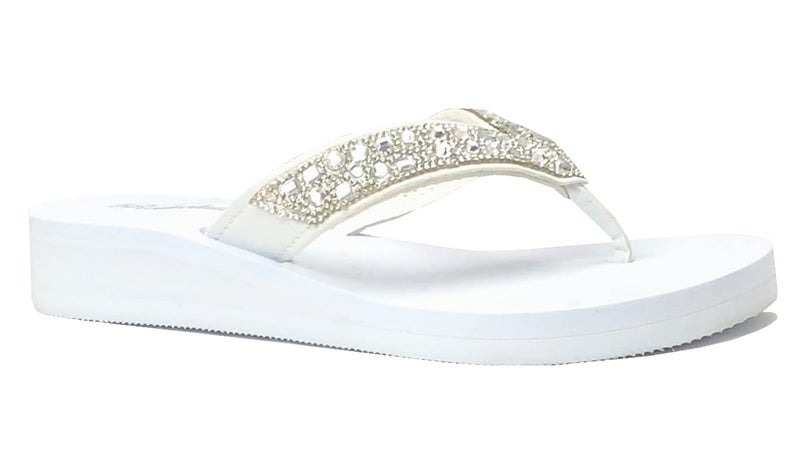 REDVOLUTION New Women's Rhinestone Sandals High | Low Platform T-Strap Jewel Sandals High Wedge Flip Flops (Bubbly-L [white], numeric_10) - Image 1